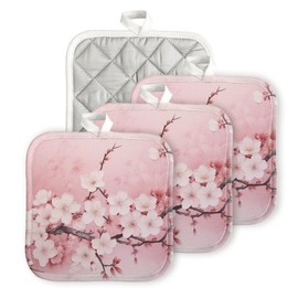 BaHomeck Pot Holder 4 Pcs,Pink Plum Flowers Cotton Square Heat Resistant Hotpads Non Slip Dirt-Proof Hot Heating Pads for Kitchen Cooking Oven with Hanging Loop Potholder Machine Wash,6.7X6.7Inch