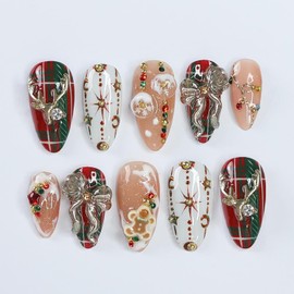 24Pcs Christmas Fake Nails Luxury Handmade Press on Nails with 3D Bow Elk Rhinestone Charm Designs Cute Gingerbread Almond False Nails Nail Tips Full Cover Red Plaid Deer DIY Xmas Nails for Women