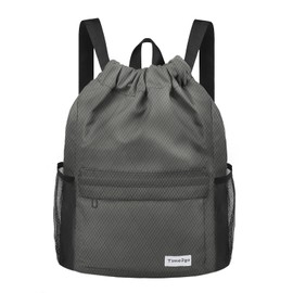 time2go Waterproof Drawstring Backpack Sports Gym Sackpack with Mesh Pocket String Cinch Beach Bag for Men Women, Solid - Gray, Modern