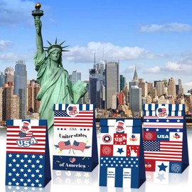 HeartYue 12 Pcs 4th of July Goodie Gift Bags Independence Day Treat Bags with Stickers, Red White Blue American Flag Goody Bag for Memorial Day Veterans Day Party Decoration Supplies