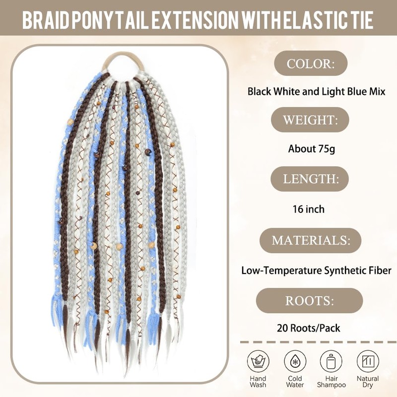 Boho Viking Braided Ponytail Extension on Hair Tie, 16 Inch