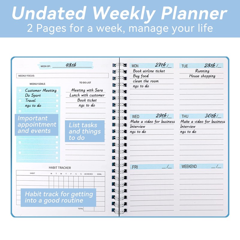 Weekly Planner Undated, To Do List Notebook, A5 Daily Planner