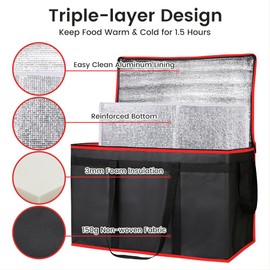 Bodaon 1-Pack Insulated Food Delivery Bag With Hard Bottom, XXXL Pizze Cooler Bags, Thermal Cold/Hot Styrofoam Carrier for Shopping/Travel/Doordash/Catering/Car, Dashers Door Dash Accessories