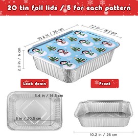 20PCS Christmas Aluminum Pans, Disposable Foil Pans, Christmas Foil Pans with Lids for Baking, Serving, Roasting, Broing,Cooking, Heating, Leftovers,
