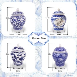 Set of 4 Small Blue and White Porcelain Vases, Chinoiserie Vase Decor Porcelain Ginger Jars for Home Decor, Bedroom, Living Room, Console Tabletop Decor, Table Accent Shelf(Classical)