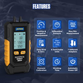 AUTOOL Manometer Gas Pressure Tester, Digital Manometer HVAC, 6 Units Differential Dual Port Pressure Gauge -101 to 200Kpa, Data Zeroing with Backlight LCD Display
