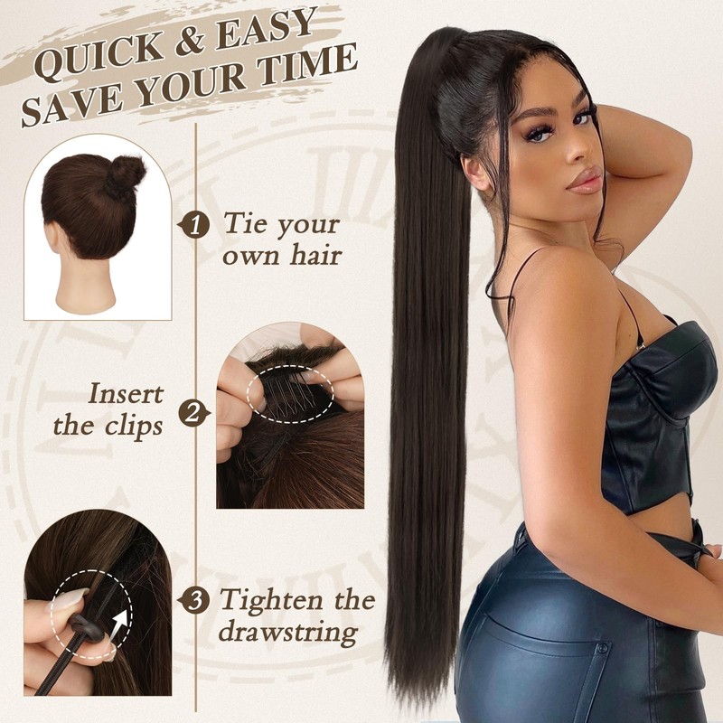 BARSDAR Black Ponytail Extension - 34 Inch Drawstring Long Straight