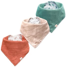Mikito Baby Bib - Muslin Burp Cloths Baby Set of 3 - Each Baby Bib Can Be Used on Both Sides + Adjustable Size - Triangular Scarf Baby with Pattern as First Equipment for Newborns, Beige, red, green