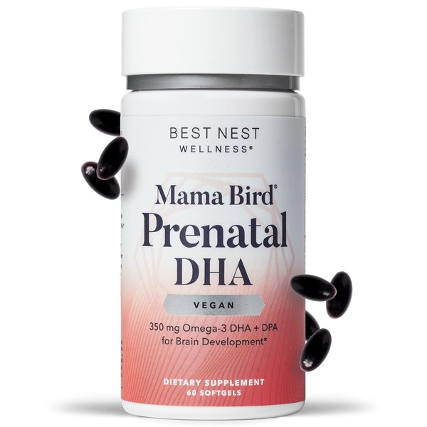 Mama Bird Vegan Prenatal DHA Vitamin, Algae Omega 3 Supplements, Vegan Fish Oil, Supports Baby's Brain & Eyes, Easy to Swallow Softgels, Bonus Healthy Pregnancy & Lactation Secrets ($59.95), 60 Ct