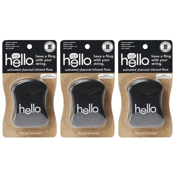 Hello Oral Care Activated Charcoal Infused Floss, Vegan Wax, Natural Peppermint Flavor, 3 Count