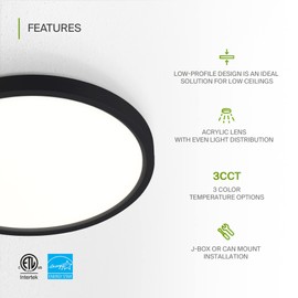 ASD 9 Inch LED Flush Mount Ceiling Light Fixture - Matte Black 18W 3000K-5000K Adjustable Bright Dimmable Low Profile Kitchen, Bathroom, Hallway, Closet LED Lights - ETL & Energy Star