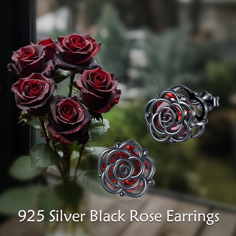 Blacke Rose Earrings 925 Sterling Silver Gothic Rose Stud Earrings