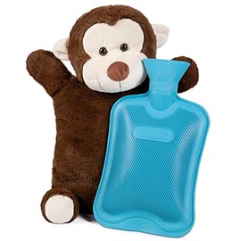 HomeTop Premium Classic Rubber Hot or Cold Water Bottle with Cute Stuffed Monkey Cover (2 Liters, Blue)