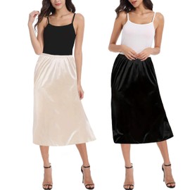 OBBUE Women's Petticoat Underskirt Long Antistatic Skirt Satin for Underdresses, 27"Black+Champagne