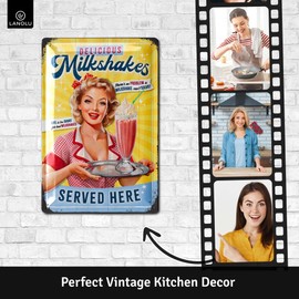 LANOLU Vintage Tin Sign Retro Diner Decor MILKSHAKES, Metal Kitchen Signs Wall Decor, Vintage Ice Cream Sign, 50s Diner Decor, Vintage Metal Kitchen Sign, 12x8"
