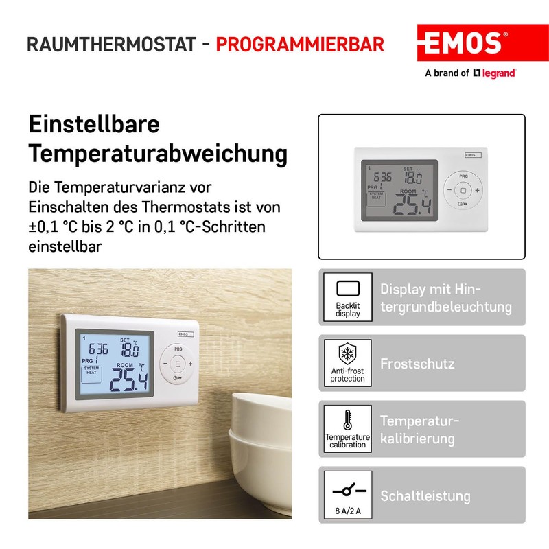 EMOS Digital Room Thermostat, Programmable Wall Thermostat for Heating and