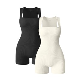 OQQ Women 2 Piece Rompers Yoga Stretch Strappy Square Neck Sleeveless Exercise Rompers Black Beige