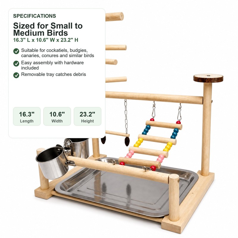 Bird Playground Natural Wood Parrot Stand with Ladder Swing Food