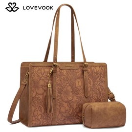LOVEVOOK 15.6'' Canvas Laptop Tote Bag for Women with Clutch Purse, Lightweight Tote Bag Large Capacity Computer bag, Vegan Leather, Crossbody Bags for Business, Work, Office, Travel, School, Casual:_Brown Embossed(Leather)_15.6''
