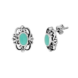 81stgeneration Women .925 Sterling Silver 13mm Simulated Turquoise Vintage Style Filigree Stud Earrings, Sterling Silver, Turquoise