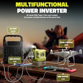 200W Portable Power Inverter for Ryobi 18V,Ecarke Outdoor Generato Battery Converter with 2 USB&LED&AC Battery Powered Outlet,Convert DC 18V/20V to AC 110V-120V Portable Power Station(Tool Only)