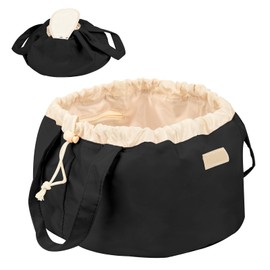 Colawind Drawstring Travel Organizer, Flat Makeup Organizer Bag, Barrel Waterproof Cosmetic Bag for Women, Portable Make Up Bags With Handle(Black)