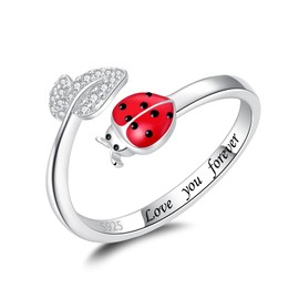 oGoodsunj Sterling Silver Ladybug Leaf Ring for Women Cute Toe Rings Jewelry Birthday Gifts for Daughter (Ladybug Leaf Ring 4#)