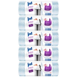 ja! 100 Trash Bags with Carry Handle, 50 Litres, 20 per Roll, Tear Resistant Bottom Seam, Transparent, 5 Rolls