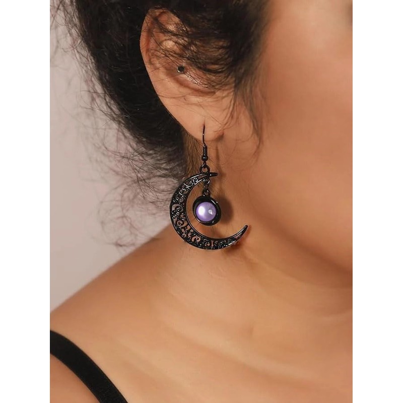 Goth Black Moon Earrings for Women,Gothic Black Red Purple Crystal