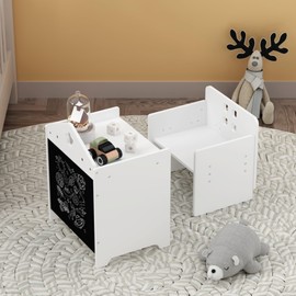 espidoo Montessori Kids Table & Chair Set: Adjustable Toddler Activity Furniture - White MDF Weaning Table with Blackboard for 1-3 Year Olds - Drawing Reading & Eating Space-Saving Design