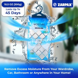 ZARPAX Hanging Moisture Absorber Fresh Cotton 10.6 oz/300g | Moisture Absorbing Bags for Bathroom, Closet, Kitchen & Vehicles | Removes Moisture, Humidity & Odors | Portable Dehumidifier | Set Of 10