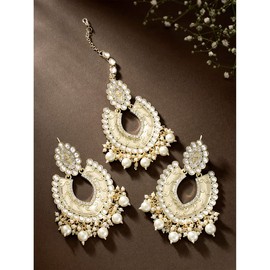 Aheli Gold Plated Kundan Pearl Studded Chandbali Earrings and Maang Tikka Set Traditional Jewelry Gift for Women White