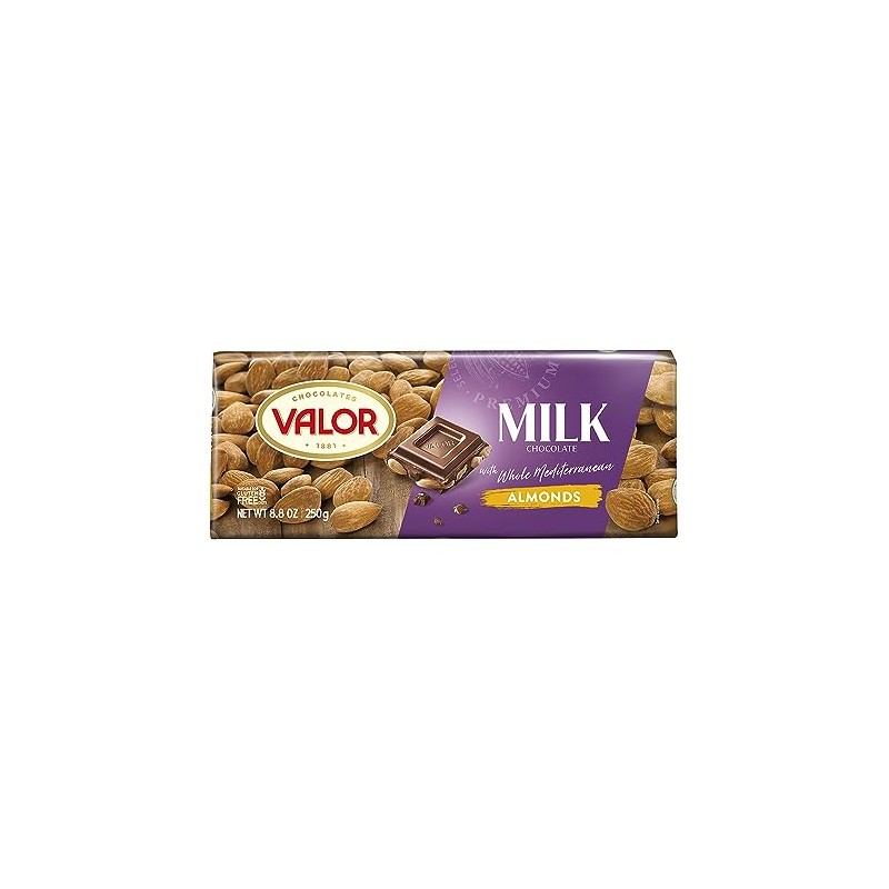 Valor. Milk Chocolate with Mediterranean Almonds. 250g (8.75oz). Pack of