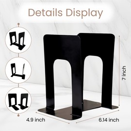 Alessk 8 Pieces Black Bookends for Shelves, Heavy Duty Metal Bookends Supports Heavy Books, Decorative Black Stops for Home or Office Decoration - 4 Pairs.