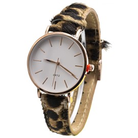 Blekon Collections Japanese Quartz Women's 35mm Case Animal Fur Strap Watch (Brown Leopard)