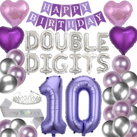 42 Pieces 10th Birthday Decorations Double Digits Party Balloons Purple Happy Birthday Banner Silver Sash 10th Tiara Number 10 Foil Balloons Latex Balloons for 10 Year Old Girls Party (Purple)