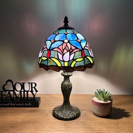 enjoy decor lamps Tiffany Mini Table Lamp Blue Stained Glass Tulips Pull Chain Swtich LED Bulb Included for Living Room Bedroom Bedside 8" D*8" W*15" H