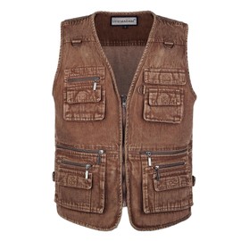 Men's Zipper Multi Pockets Casual Vest Outdoor Travel Fishing Hunting Photo Utility Work Cargo Vests Denim Black