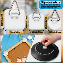 Forzater 60 Pcs Adhesive Picture Hanger Foamboard Picture Hanging Hooks Without Nails Plastic Sticky Hangers for Home Wall Art Photo Frame Bathroom Closet Kitchen Door in 3 Sizes, White