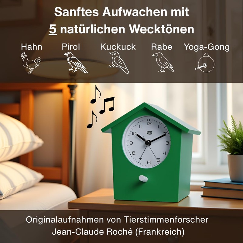 KOOKOO EarlyBird Green Alarm Clock with Bird Melody (Original Recording)