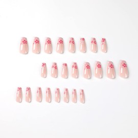 Long Coffin Press on Nails with Designs, KXAMELIE Square Pink Flowers Acrylic False Nails with Nail Glue, Gel Nude Nails for Sticking on for Women and Girls, Party, Daily Use, Pack of 24