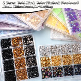 2 Boxes Gold Black Flatback Pearls and Resin Rhinestones for Crafting, 3-6 mm Jelly Rhinestones, Mixed Size Half Pearl Bedazzling Gems for Nail DIY Crafts Mugs Bottles Tumblers Clothes Makeup