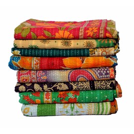 Boho Sanskriti 2 Pieces Set Indian Handmade Quilt Vintage Bedspreads,Throws Wholesale Lot Kantha Reversible Bedding Bedcover Bedspread Throw Cotton Blanket Gudari,Multicolor,Twin