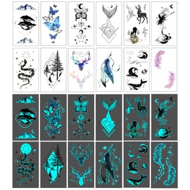 Blue Glow in the Dark Temporary Tattoos, 12 Sheets Waterproof Tiny Tattoo Stickers for Hand Arm Body Art,Luminous Mandala Moon Star Butterfly Tattoo Stickers for Rave Festival Accessories A9YGWS12