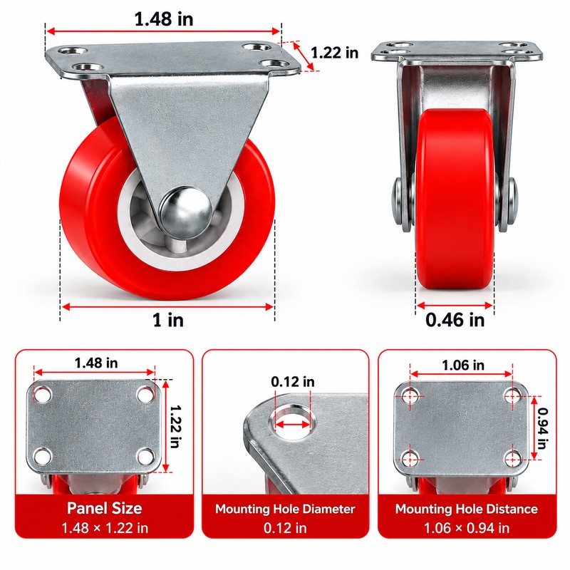 4-Pack Red PVC Swivel Caster Wheels, 1-Inch Furniture Replacement Casters
