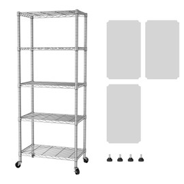 SINGAYE 5 Shelves Storage Shelf Wire Closet Bathroom Organizers Metal Pantry Kitchen Garage Shelving Unit Laundry Room Organization Home Rack Net Basket White with Wheels