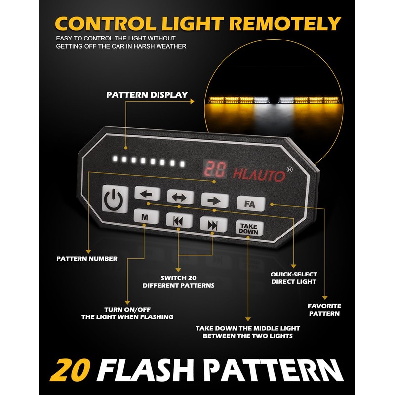 HLauto 604N Emergency Dash Strobe Lights w/Controller: 2x16.8 inch Amber