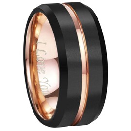4mm 6mm 8mm 10mm Rose Gold Groove Black Matte Finish Tungsten Carbide Wedding Band Ring Engraved I Love You (10mm,12)