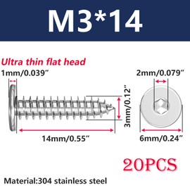 Ctyjia 20PCS Flat Thin Hexagonal Head Self Tapping Screws, 304 Stainless Steel Wood Screw for Furniture Woodworking Project, M3x14mm