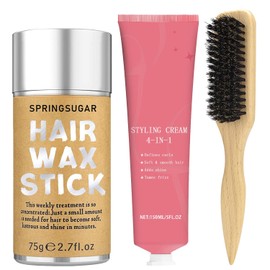 SPRINGSUGAR Crema De Peinado 4 En 1 Para Controlar El Frizz, Definir Rizos Y Dar Brillo – Con Cepillo De Cerdas De Jabalí Y Barra De Cera Para El Cabello – Set Para Un Cabello Suave Y Sedoso, No Graso